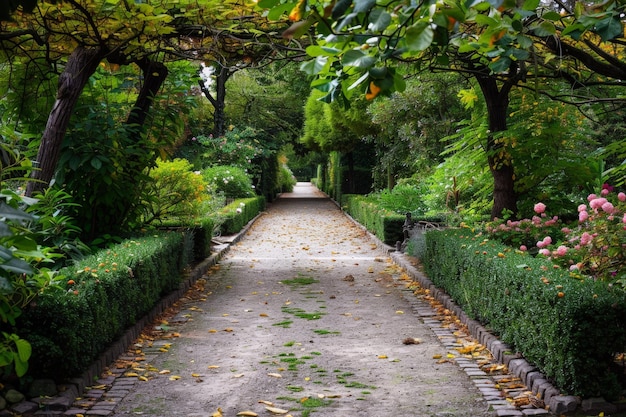 Um caminho através de um jardim com uma passarela de pedra e cercas