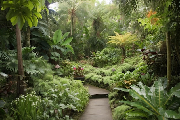 Um caminho através de um jardim tropical com plantas e árvores.