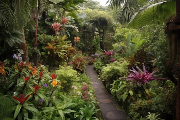 Um caminho através de um jardim tropical com plantas e flores tropicais.