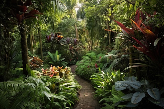 Um caminho através de um jardim tropical com plantas exuberantes e um jardim tropical.