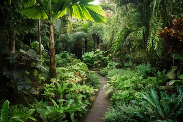 Um caminho através de um jardim tropical com plantas tropicais.