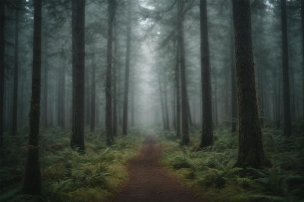 Um caminho através de uma floresta com árvores ao fundo e neblina