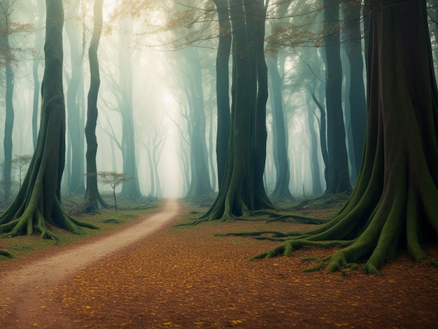 Um caminho através de uma floresta com árvores e um caminho