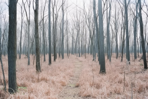 Um caminho através de uma floresta com árvores nuas e um fundo do céu