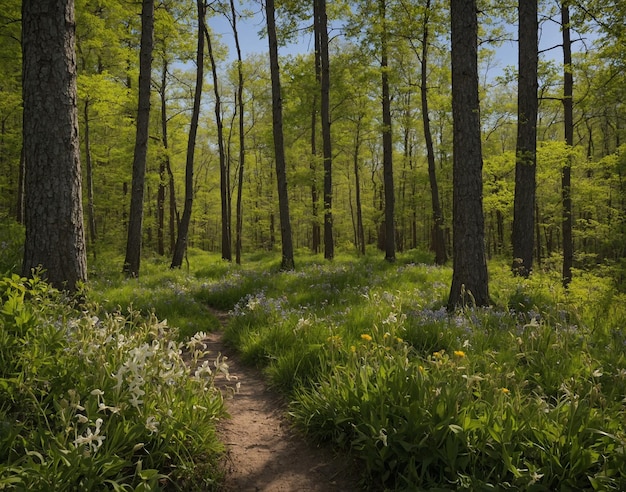 Foto um caminho através de uma floresta com flores silvestres e árvores