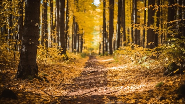 Foto um caminho através de uma floresta com folhas amarelas no chão