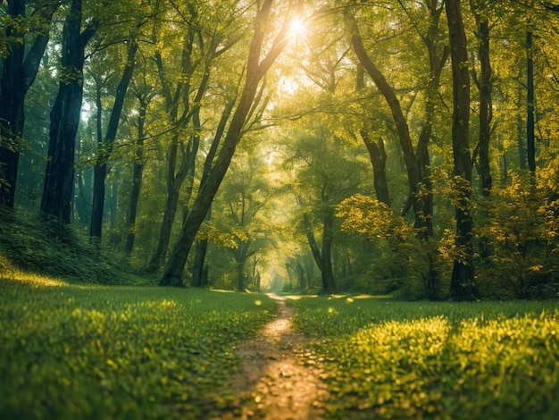 Um caminho através de uma floresta com o sol brilhando por entre as árvores