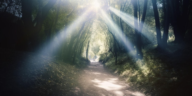 Um caminho através de uma floresta com o sol brilhando por entre as árvores