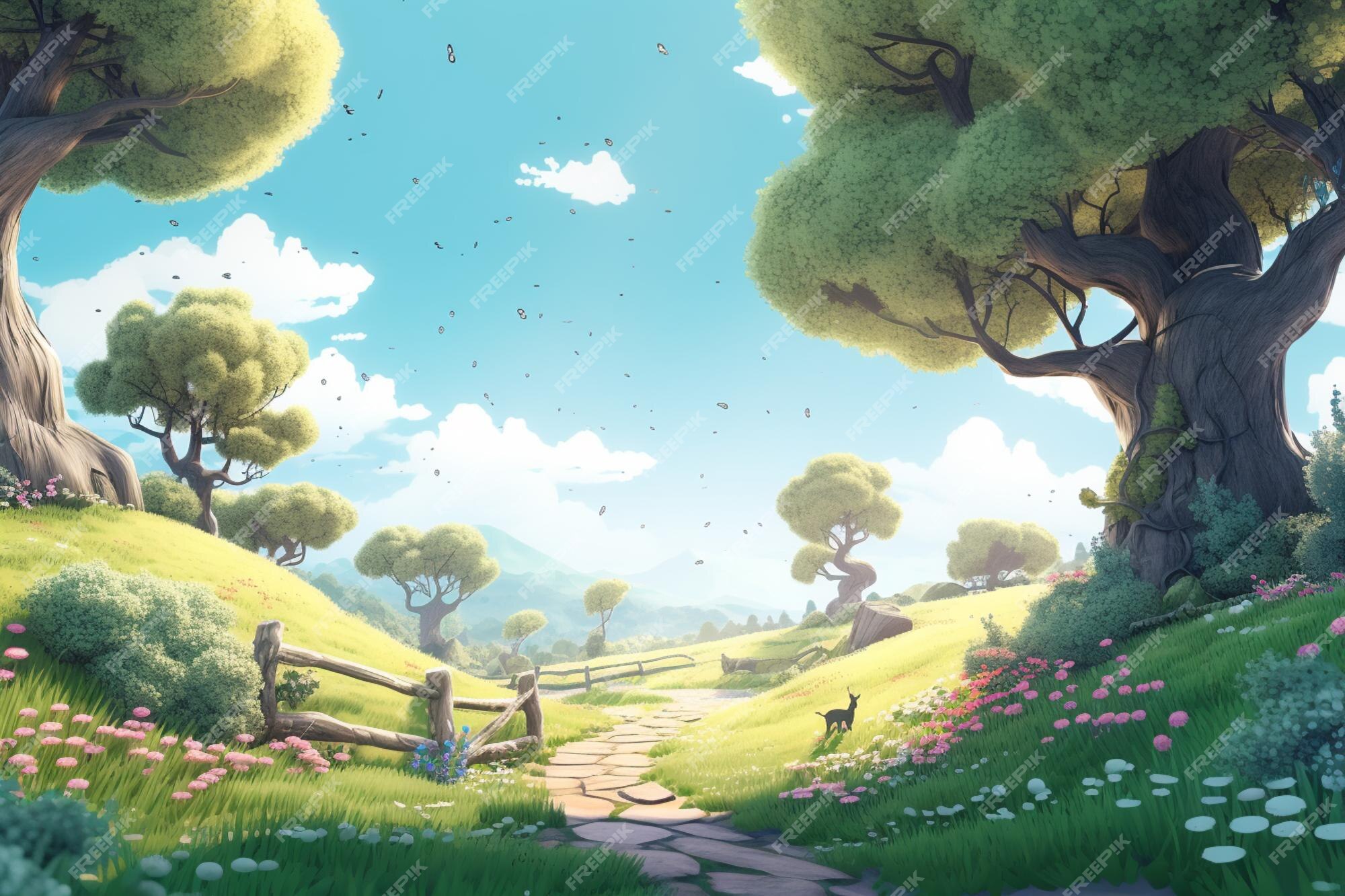 Cenário de anime de uma floresta com um caminho e um céu