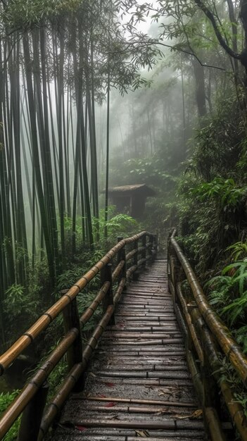 Um caminho através de uma floresta de bambu