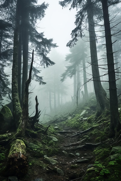 um caminho através de uma floresta nublada com árvores e pedras