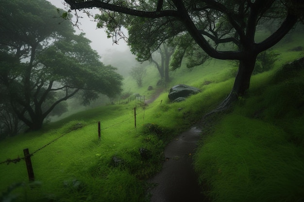 Um caminho através de uma floresta verde com árvores e uma placa que diz 'a estrada à direita'