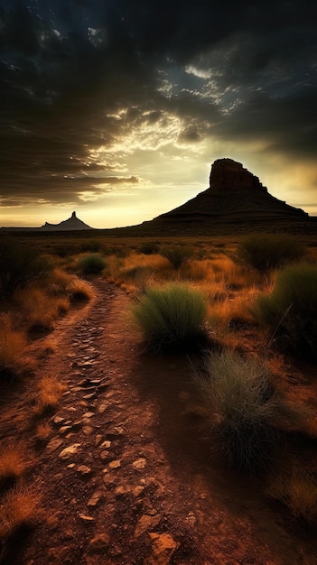 Foto um caminho através do deserto com uma montanha ao fundo