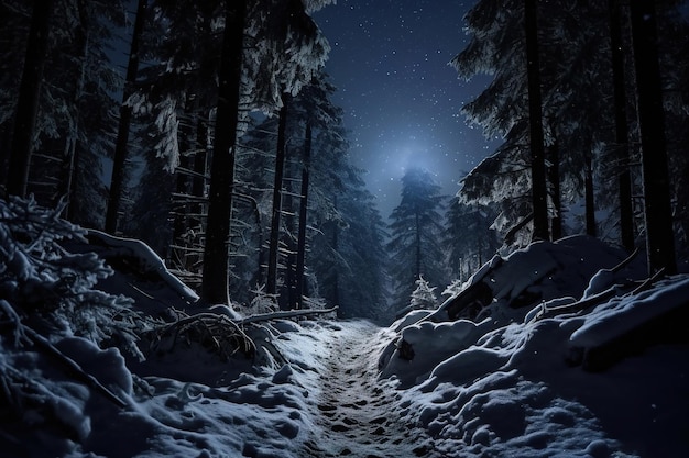 Um caminho coberto de neve através de uma floresta silenciosa