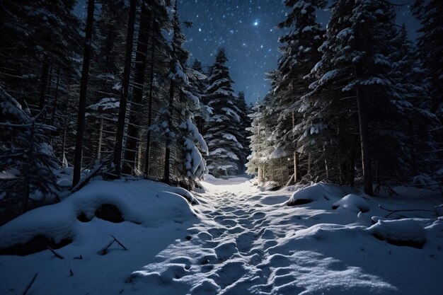 Um caminho coberto de neve através de uma floresta silenciosa