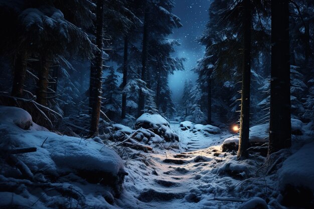 Um caminho coberto de neve através de uma floresta silenciosa
