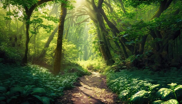 Um caminho coberto de sol através de uma densa floresta verde com um dossel de plantas frondosas