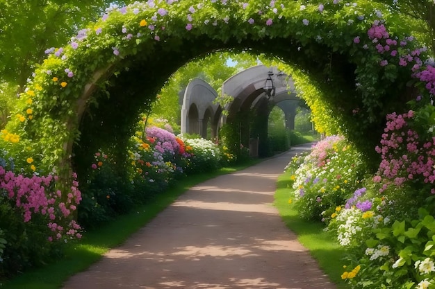 Um caminho com flores e plantas gerado por Ai