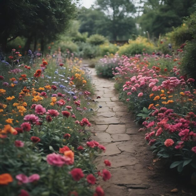 Um caminho com flores e um caminho através dele