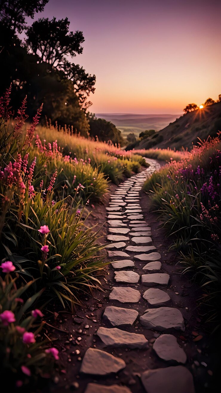 Foto um caminho com flores e um caminho que leva a um pôr-do-sol