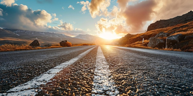 Um caminho com marcas de pisos e o fundo é a beleza natural do céu