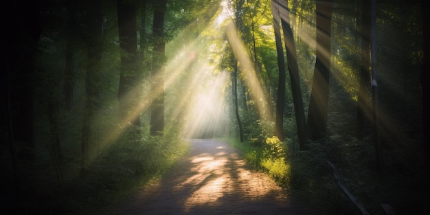 Um caminho com o sol brilhando por entre as árvores