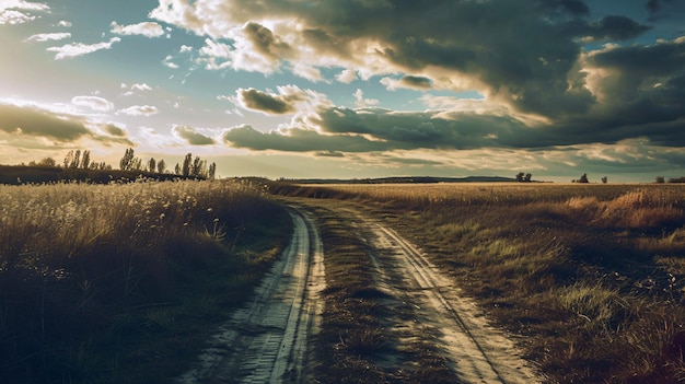 Um caminho com sulcos e os céus como pano de fundo cênico