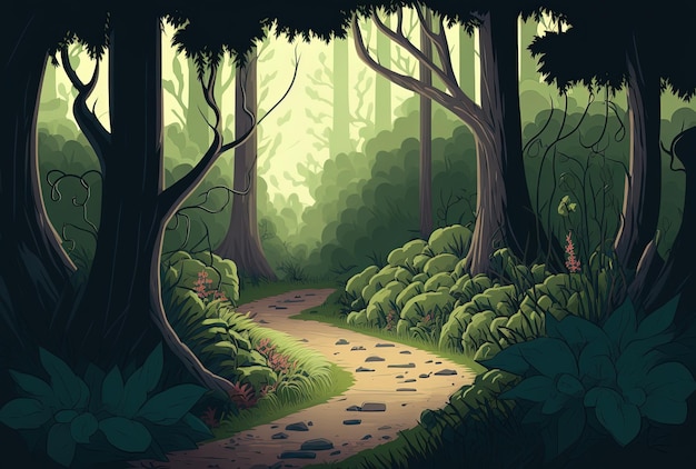 Um caminho corre no centro de uma floresta com vários tipos de vegetação