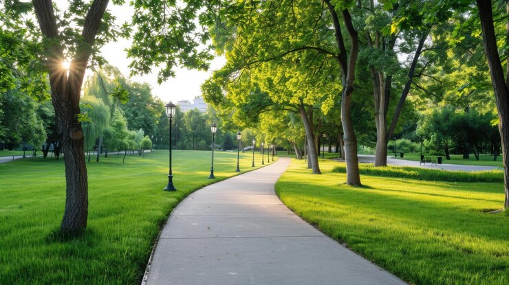 Um caminho curvo em um parque alinhado com altas árvores verdes que se transformam na luz do sol, oferecendo uma experiência de caminhada tranquila