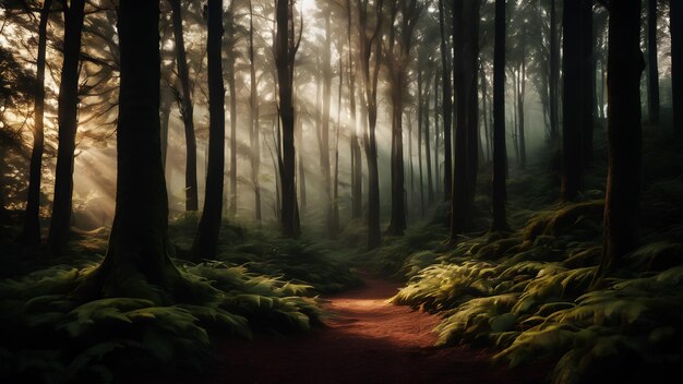 Foto um caminho da floresta com um caminho no nevoeiro