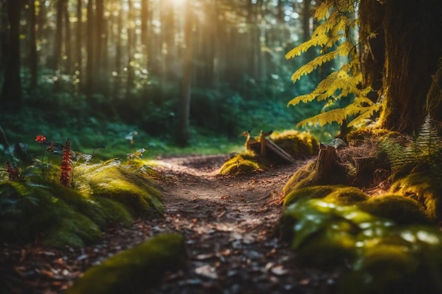 um caminho da floresta com um tronco de árvore e rochas cobertas de musgo