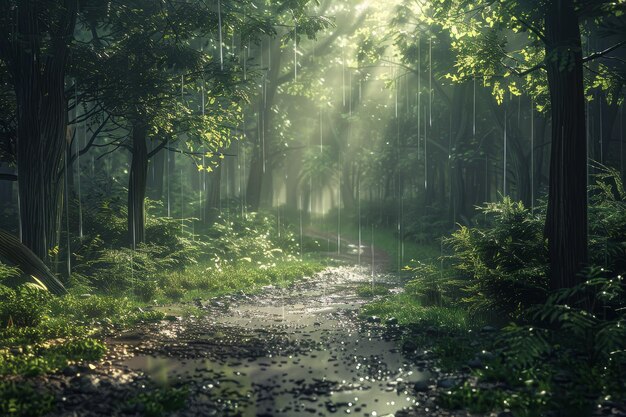 Um caminho da floresta está molhado pela chuva.