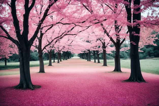 Um caminho de cerejeiras rosa com um caminho que leva a ele