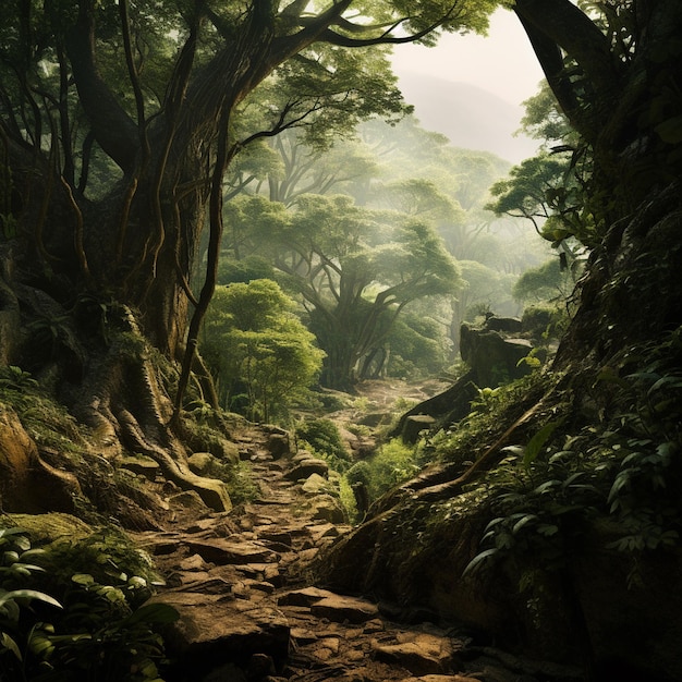Um caminho de floresta na selva com um caminho pela selva.