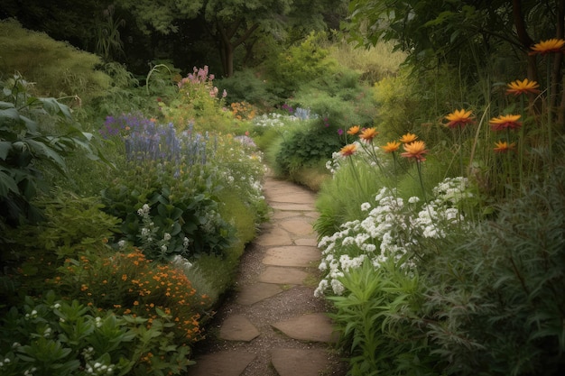 Um caminho de jardim cercado de plantas com flores e folhagem natural