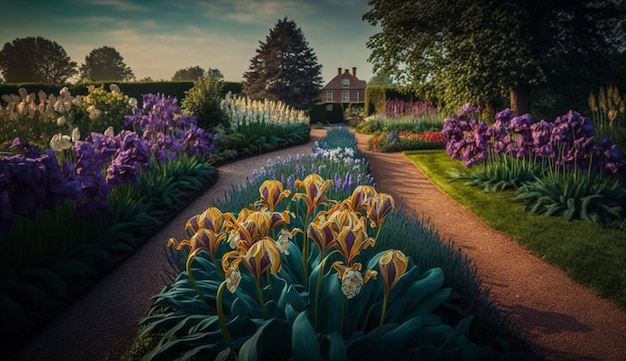 Um caminho de jardim com flores e uma casa ao fundo