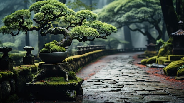 Um caminho de jardim com um bonsai ao fundo.