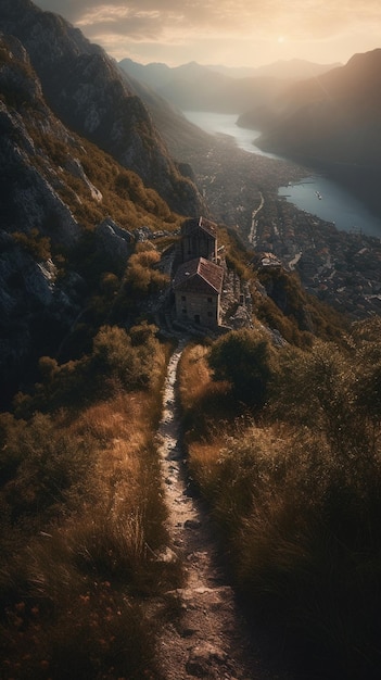 Um caminho de montanha com um pôr do sol ao fundo