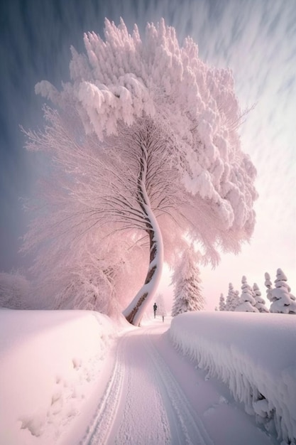 Um caminho de neve com uma árvore no meio