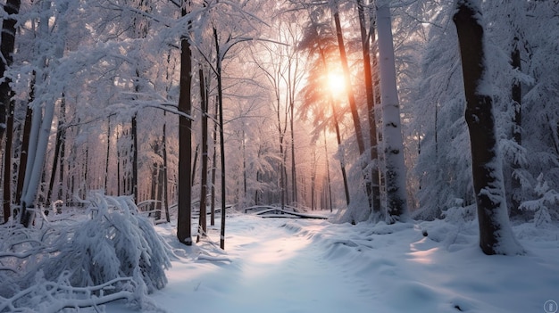 Um caminho de neve na floresta com o sol brilhando na neve