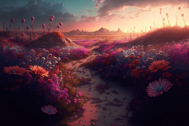 Foto um caminho de prado através de um campo florido linda paisagem de fantasia do pôr do sol