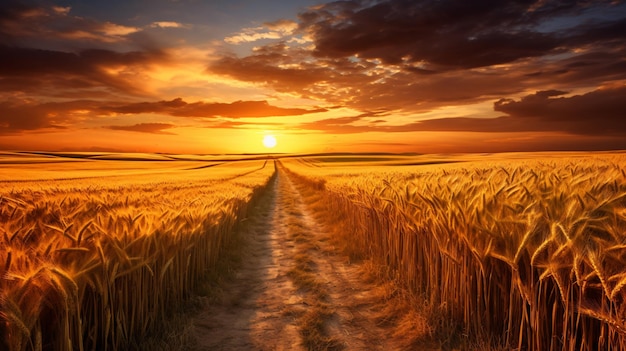 Um caminho de terra em um campo de trigo com o pôr do sol