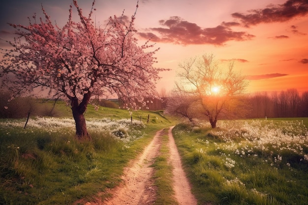 Um caminho em um campo com uma árvore com flores cor de rosa