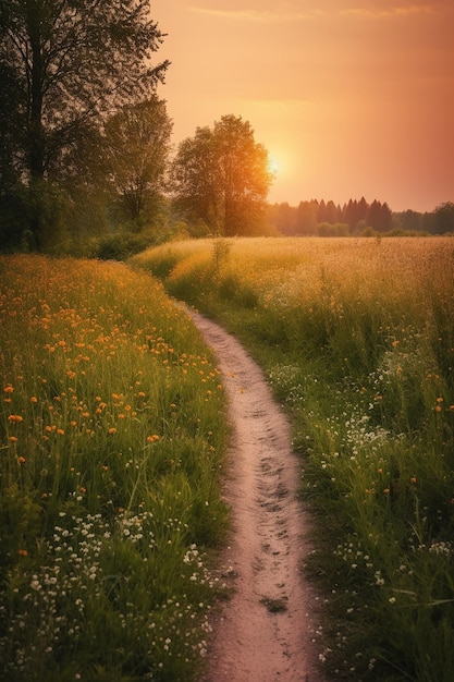 Um caminho em um campo de flores com o sol se pondo atrás dele