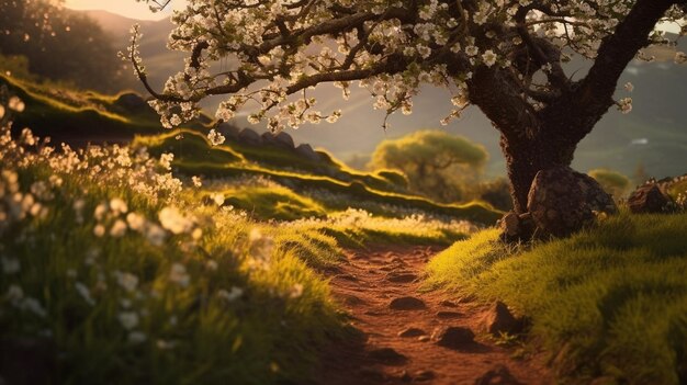 Um caminho em um campo de flores com uma árvore em primeiro plano