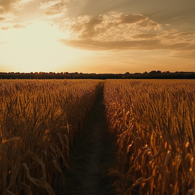 Um caminho em um campo de trigo é mostrado ao pôr do sol.