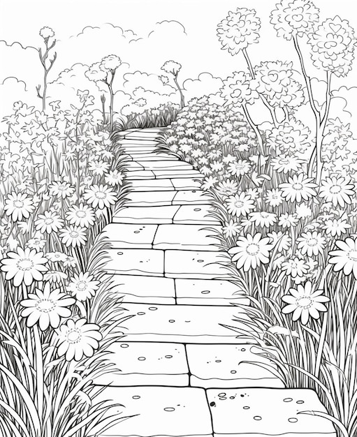 Um caminho em um jardim com flores e uma citação