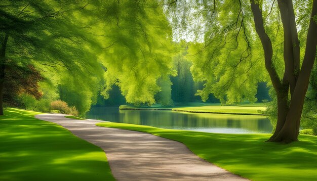 um caminho em um parque com uma lagoa e árvores