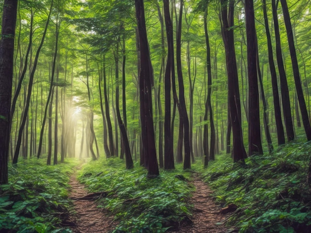 Um caminho em uma floresta com árvores e o sol brilhando por entre as árvores