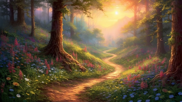 Um caminho em uma floresta com flores e um sunburst